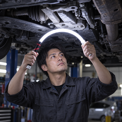 車の下回りを曲げたライトで照らす整備士