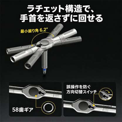 ラチェットで手首を返さずに回せる